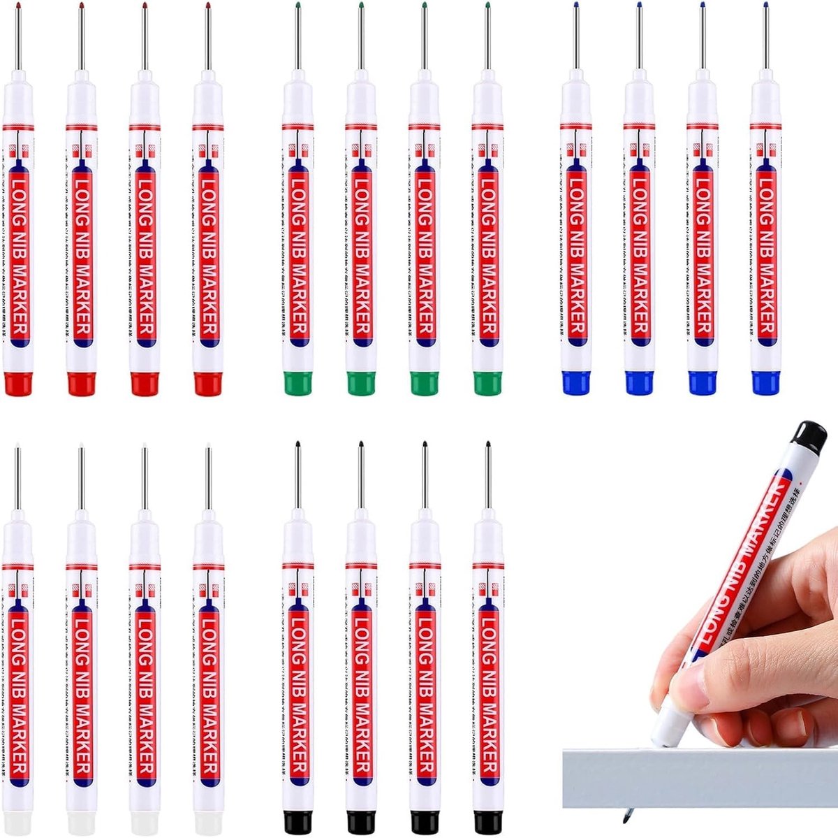 Diepe gatmarkers voor boorgaten - 20 stuks, 20 mm, extra fijne ronde punt voor hout, metaal en karton (zwart, blauw, rood, groen, wit)