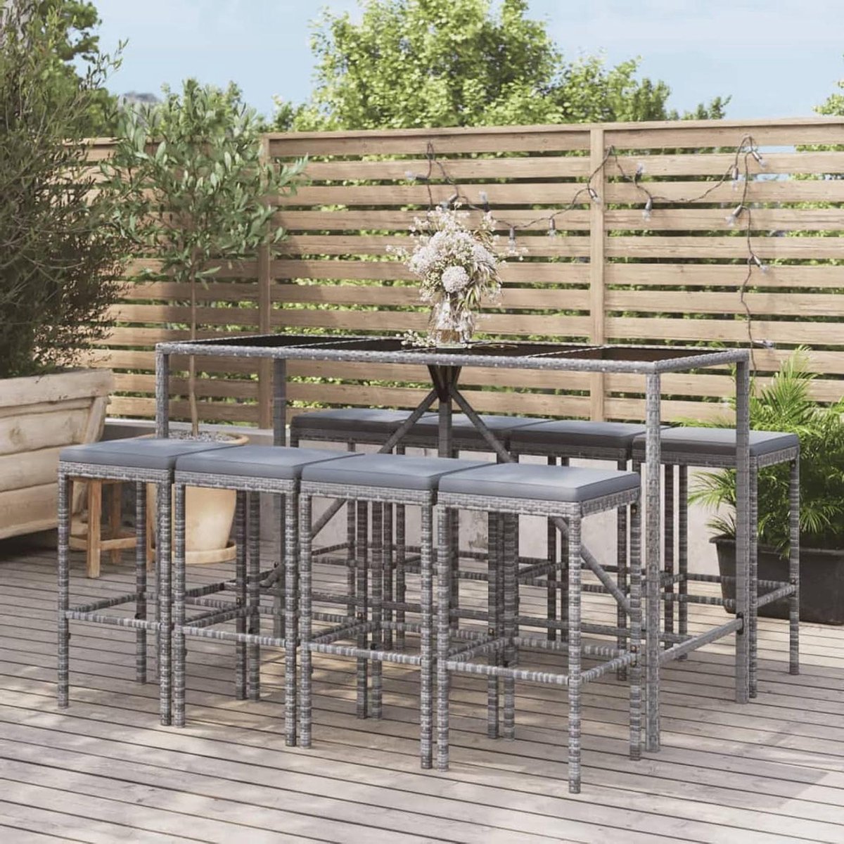 Tuinbarset - Barmeubel Buitenset - Ontspannen in de tuin - Met comfortabele kussens - 9-delig - Grijs