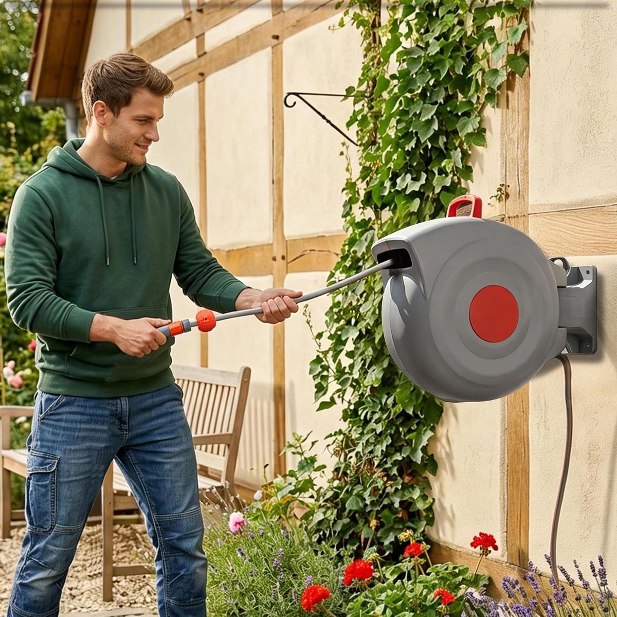 Slanghaspel Automatisch - Wandslangbox Tuinslang - Tuin Besproeien - 180 Graden Draaibaar - 30 Meter - Grijs