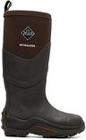 Bruine Muck Boot Muckmaster laars met een bruin gebreid bovenwerk en een rubberen onderkant.