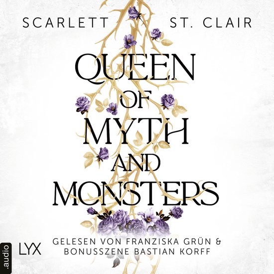 Boekomslag: "Queen of Myth and Monsters" met paarse bloemen en takken. Door Scarlett St. Clair.