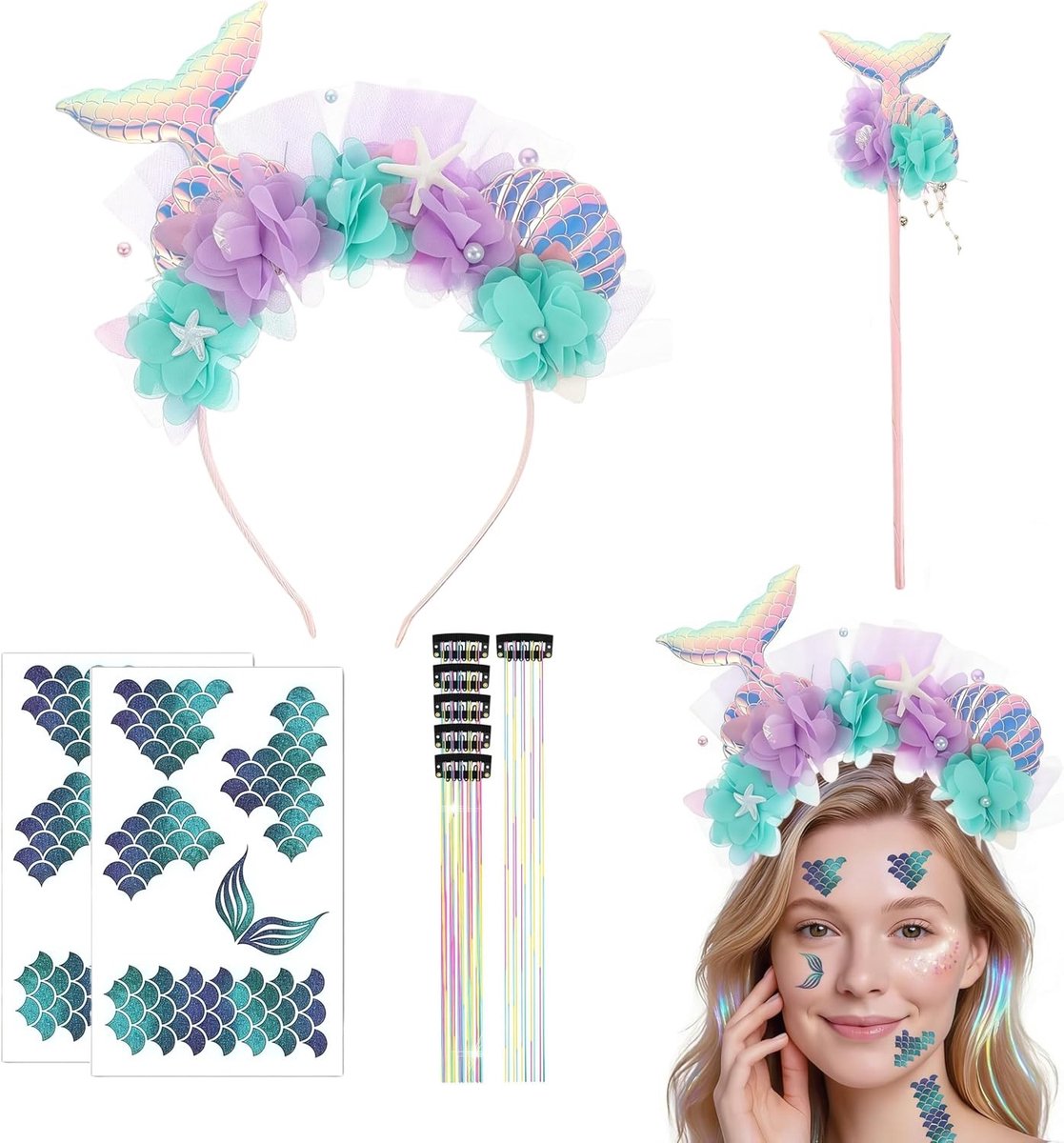 Fantastisch Zeemeermin Kostuum voor Vrouwen en Meisjes, Inclusief Glanzende Haarband, Gezichts Tattoos en Haarlok Accessoires voor Carnaval en Feestjes