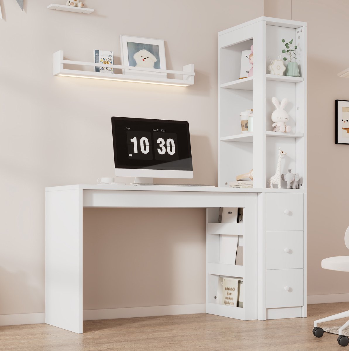 COVREO Bureau 150x50x180 cm wit MDF, met boekenrek, 3 lades en opbergruimte
