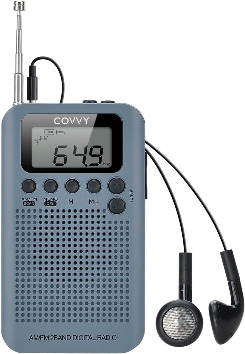 Draagbare AM/FM 2-Bandradio - Grijs - Klein formaat - Met Hoofdtelefoon en Wekker - Voor Hardlopen en Wandelen