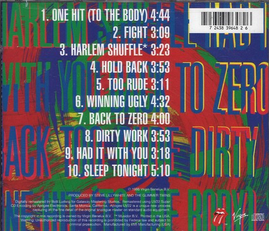 Achterkant van het album 'Dirty Work' met de tracklist en een kleurrijke abstracte achtergrond.
