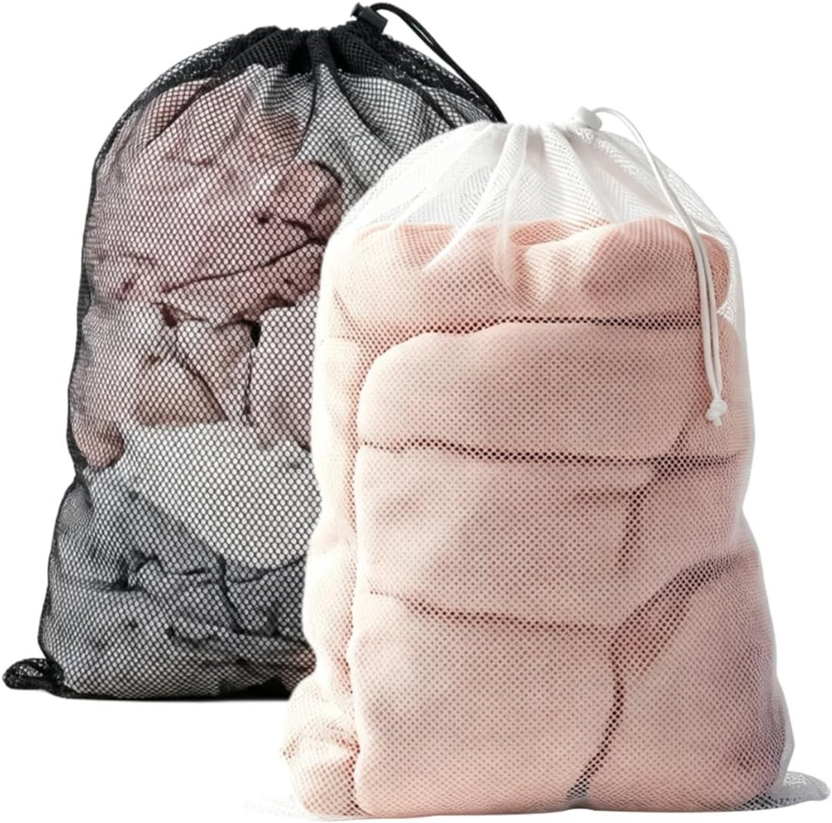 Grote Waszak voor Wasmachine - Wit + Zwart - 60 x 90 cm - Mesh Waszak met Trekkoord - Voor Delicate Kleding en Huishoudtextiel