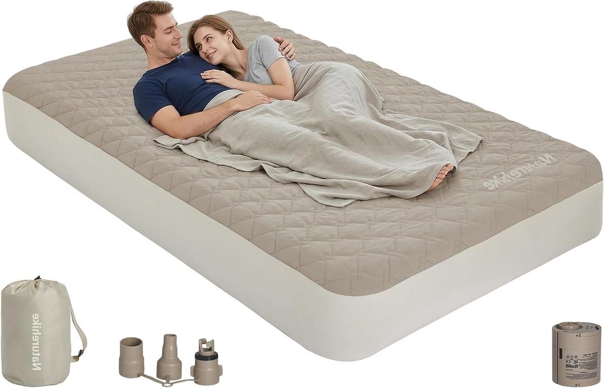 Luchtmatras met pomp - Logeerbed - Comfortabel slapen - Gebreide binnenveren - 205 x 155 cm - Grijs