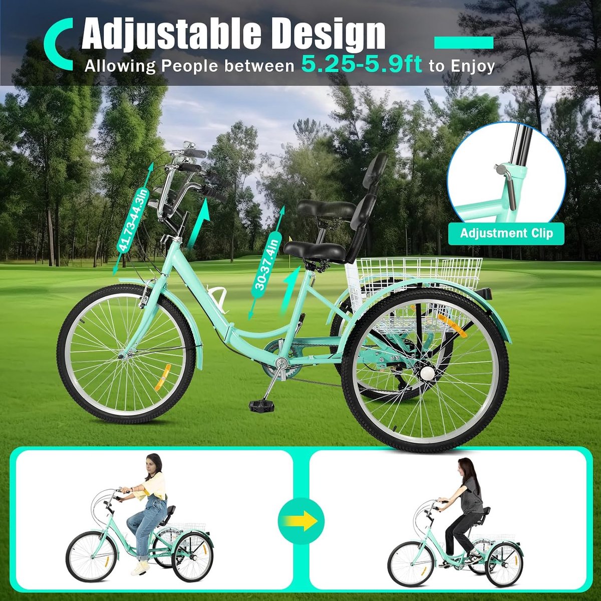 Vouwfiets Driewieler - Volwassen Trike - Comfortabel Transport - 7 Versnellingen Inklapbaar - 24 Inch Wielen - Turquoise