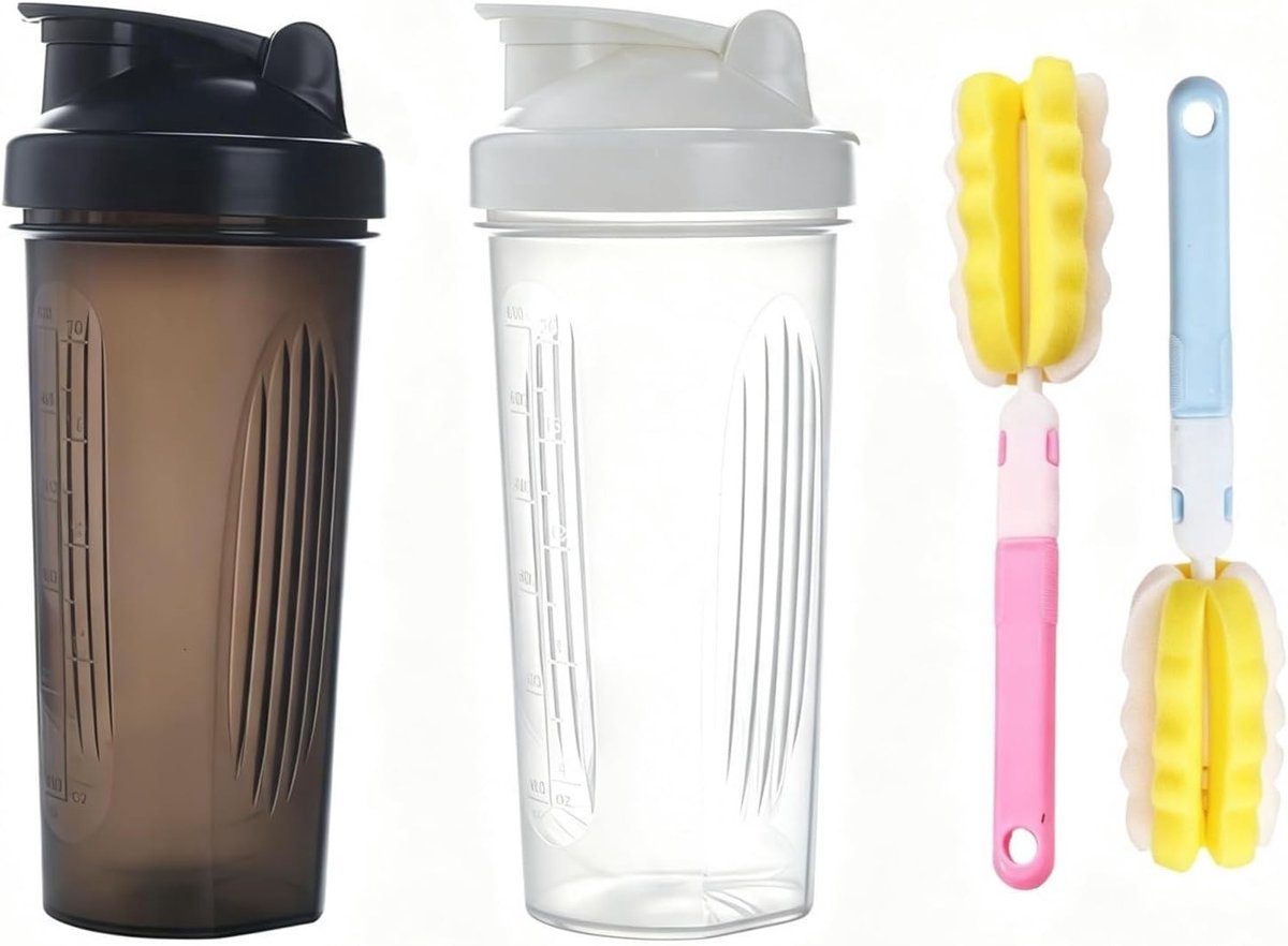Fitness Protein Shaker Set van 600ml met 2 Schoonmaakborstels | Ideaal voor Eiwitshakes, Smoothies en Sportdranken met Duidelijke Maatvoering