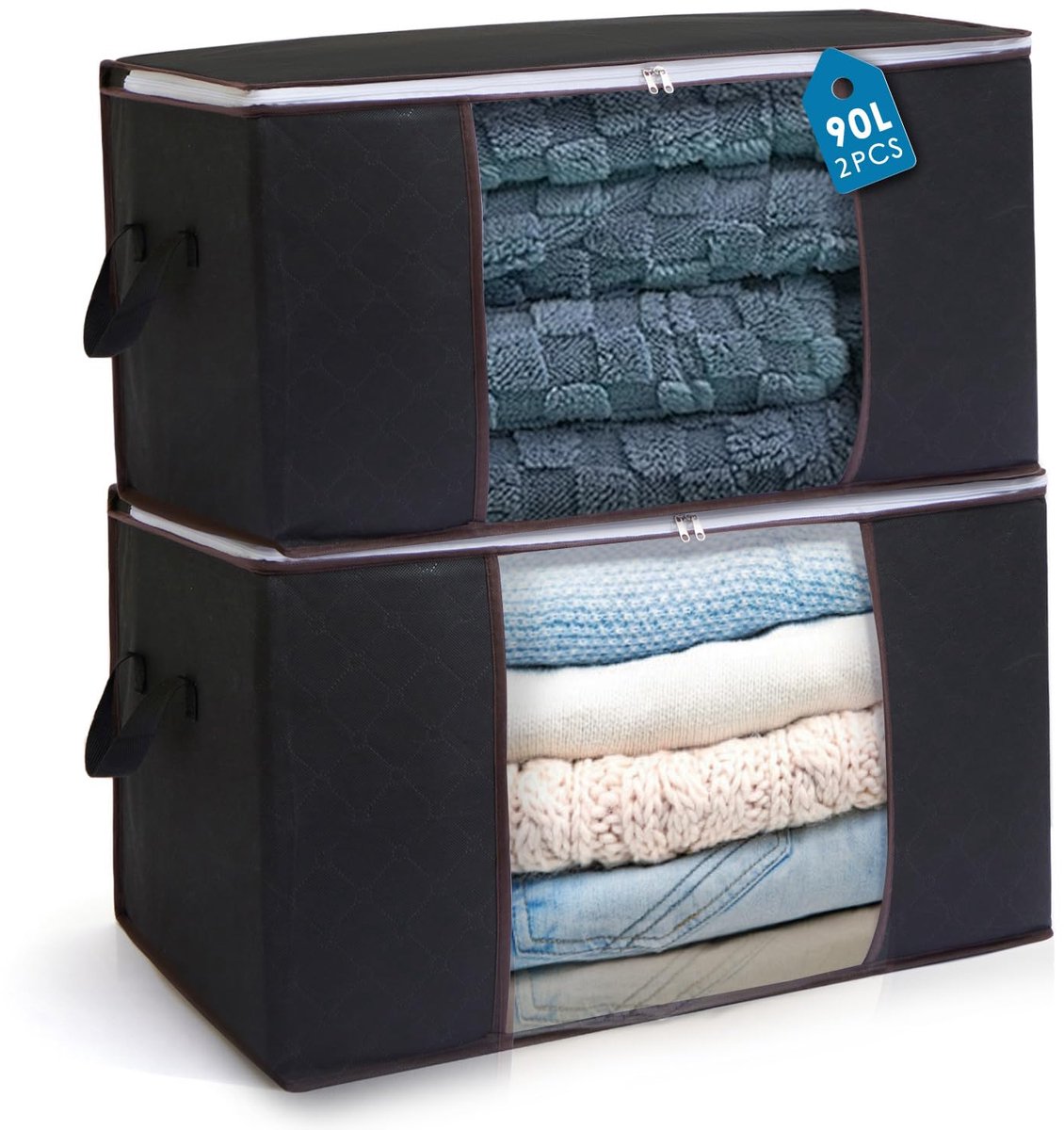 SnelShoppen - 2 Pack 90L Opbergzakken, Deken Opbergzak, Kleding Organizer, Ruimtebesparende Opbergdoos, Hoogwaardig Materiaal voor Verhuizen, Reizen,