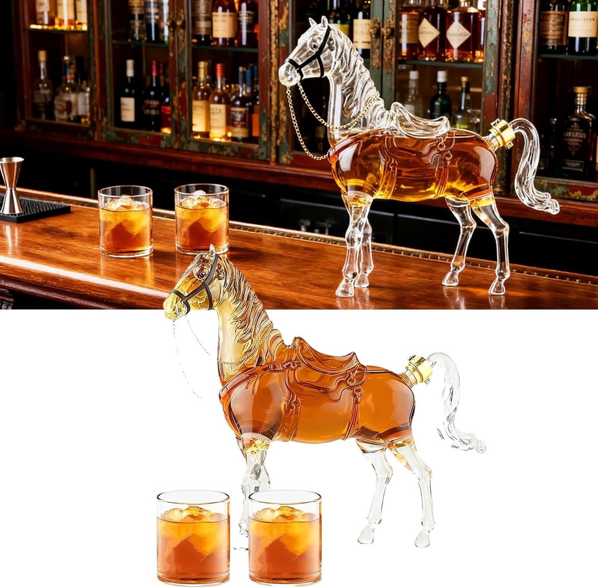 Prachtige Paardvormige Whiskey Decanter met 2 Shotglazen - Perfecte Cadeaus voor Mannen, Vader, Echtgenoot en Vriend