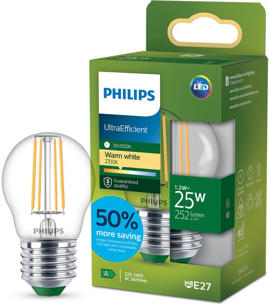 Doos Philips UltraEfficient LED-lamp. Lamp is transparant met E27 fitting, 2700K warmwit licht en 50% zuiniger.