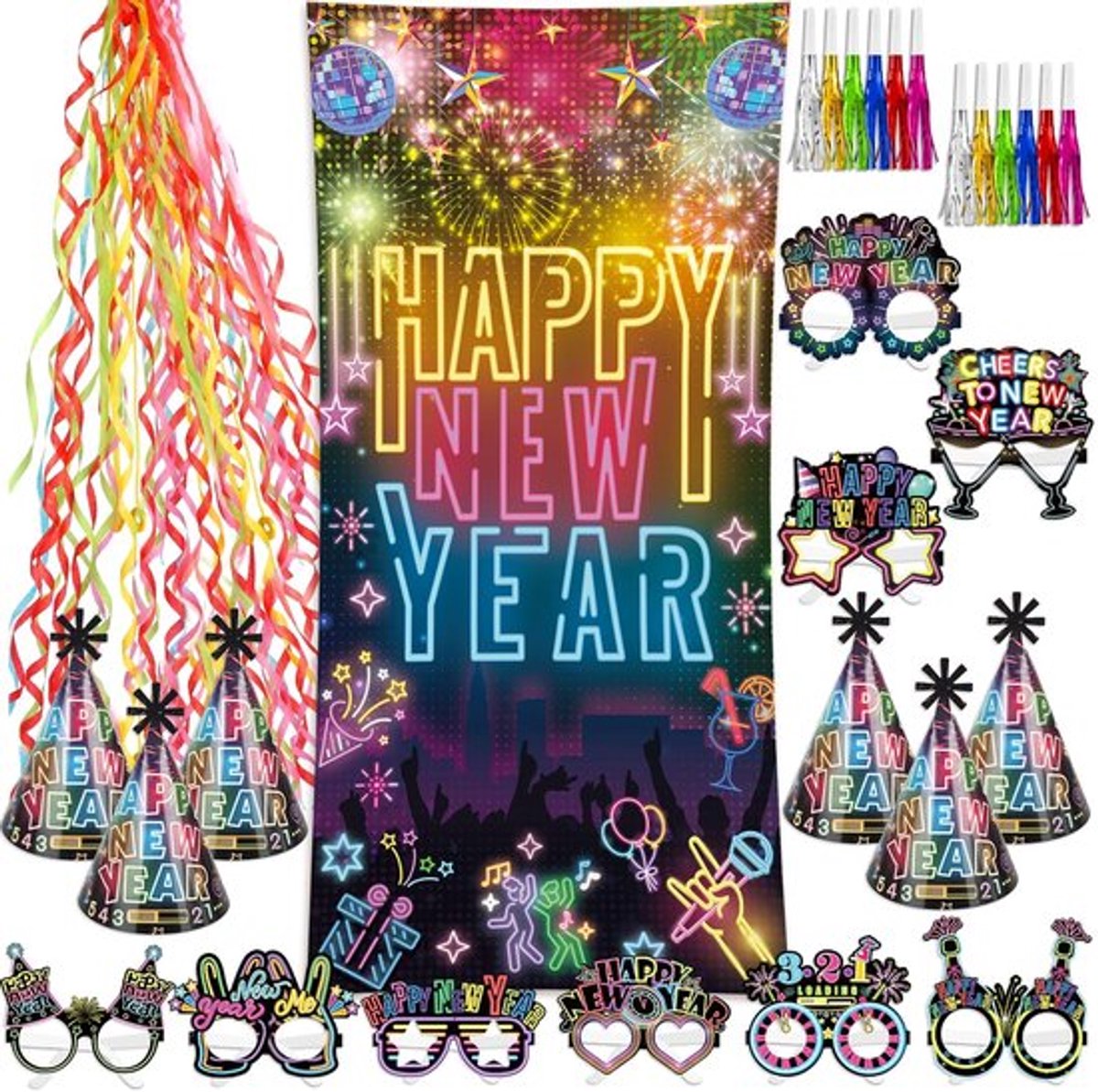Decoratieset Neon 2025 - Achtergrond Banner - Feesthoeden - Bril - Streamers - Kleurrijke Accessoires - Gelukkige Sfeer - Feestdecoratie