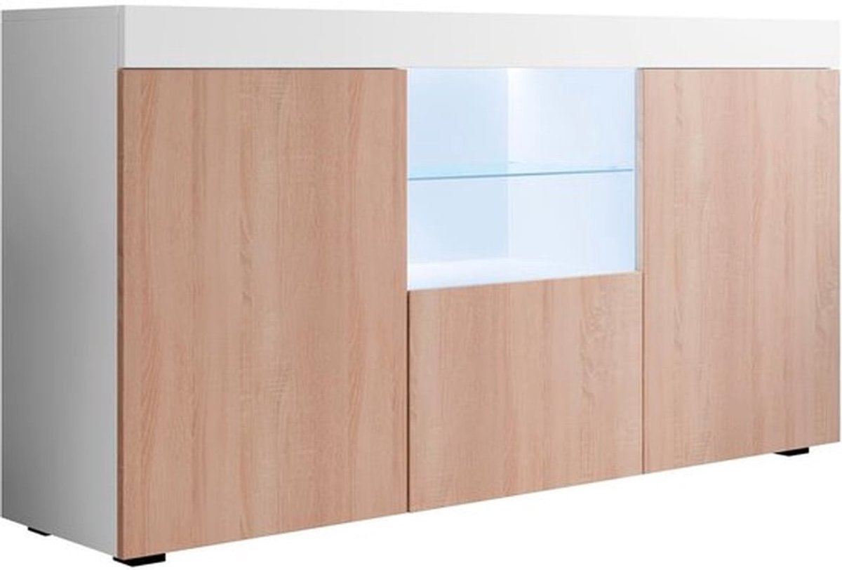 Dressoir Natolia | 150 x 80 x 40 cm | Mat melamine met LED-Belichting | Wit en Sonoma