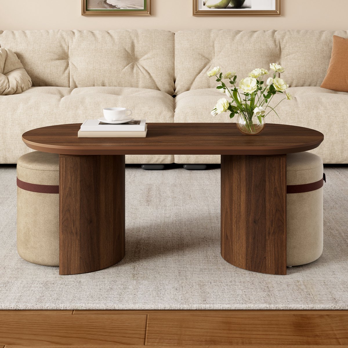 Pugsdrly Salontafelset met 2 poefs, ovale salontafel van MDF, woonkamertafel, koffietafel met zitpoefs, gestoffeerde poefs, ronde moderne salontafel, bijzettafel, loungetafel