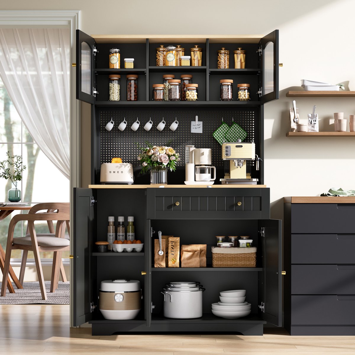 Pugsdrly Vitrinekast met deur, keukenkast, hoge kast, verstelbare planken, geperforeerd plaatstaal, zwart, 103,5 × 40 × 180 cm