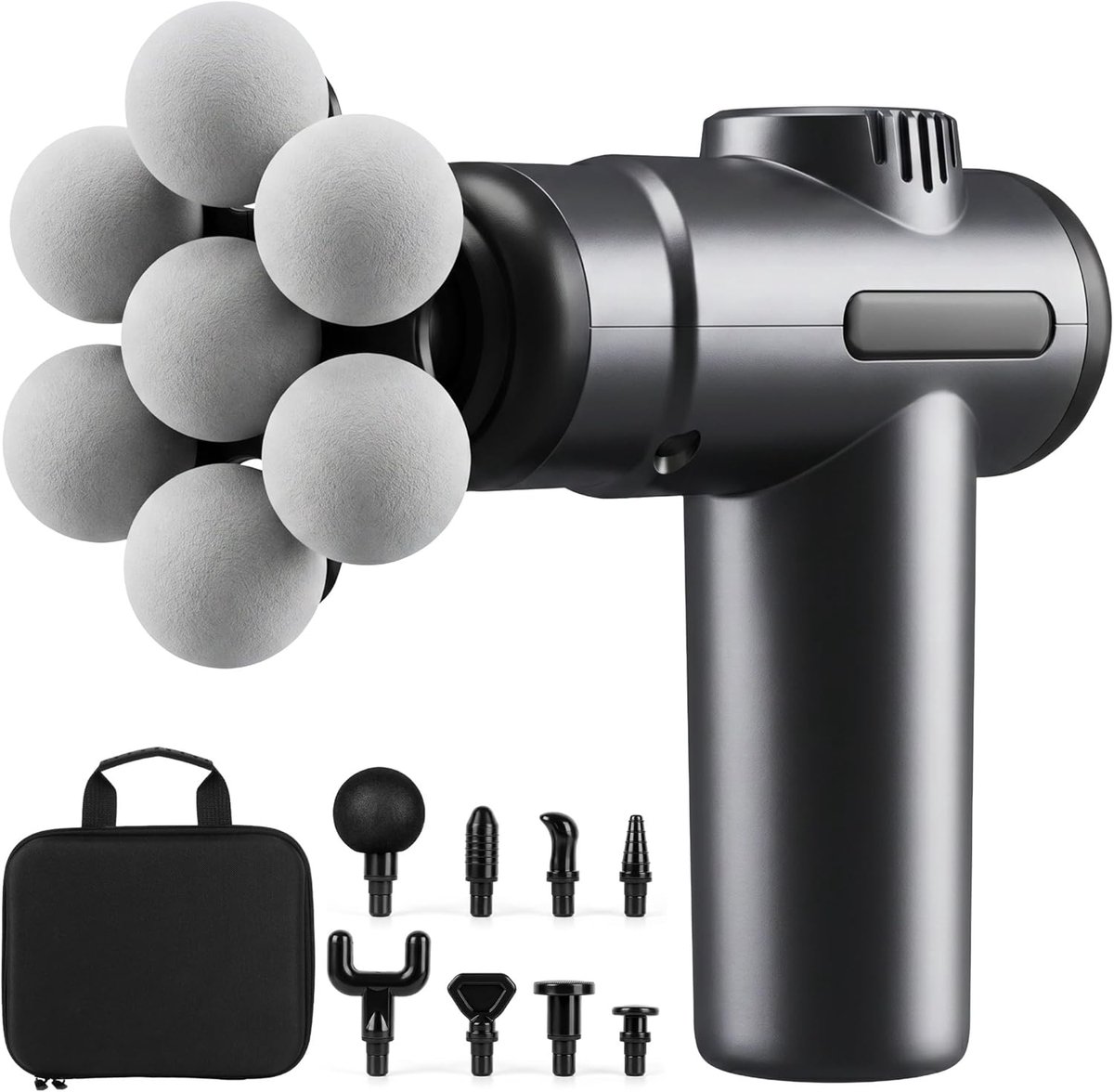 Massagepistool – Draagbaar Massagepistool – Massageapparaat met 99 Snelheden – Massage Gun met 9 Massagekoppen – Handmassageapparaat voor Nek, Rug en Benen – Inclusief Reistas – Grijs