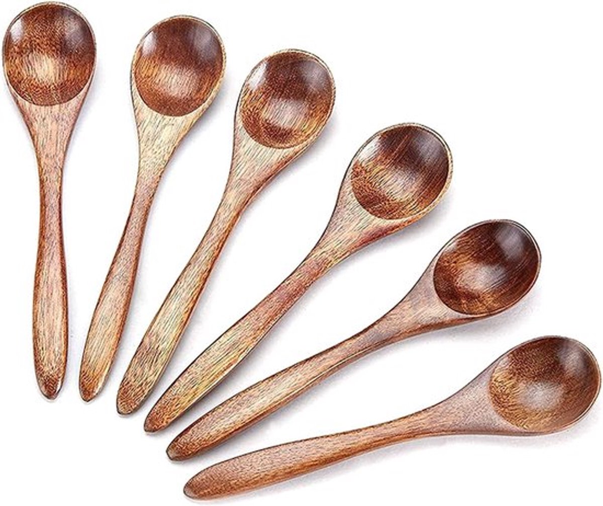Houten lepels, eetlepels, 6 stuks, natuurlijke houten lepel, vorkset, milieuvriendelijke houten lepel voor koffie, thee, honing, eten, mengen, roeren, koken, 14 x 3 cm