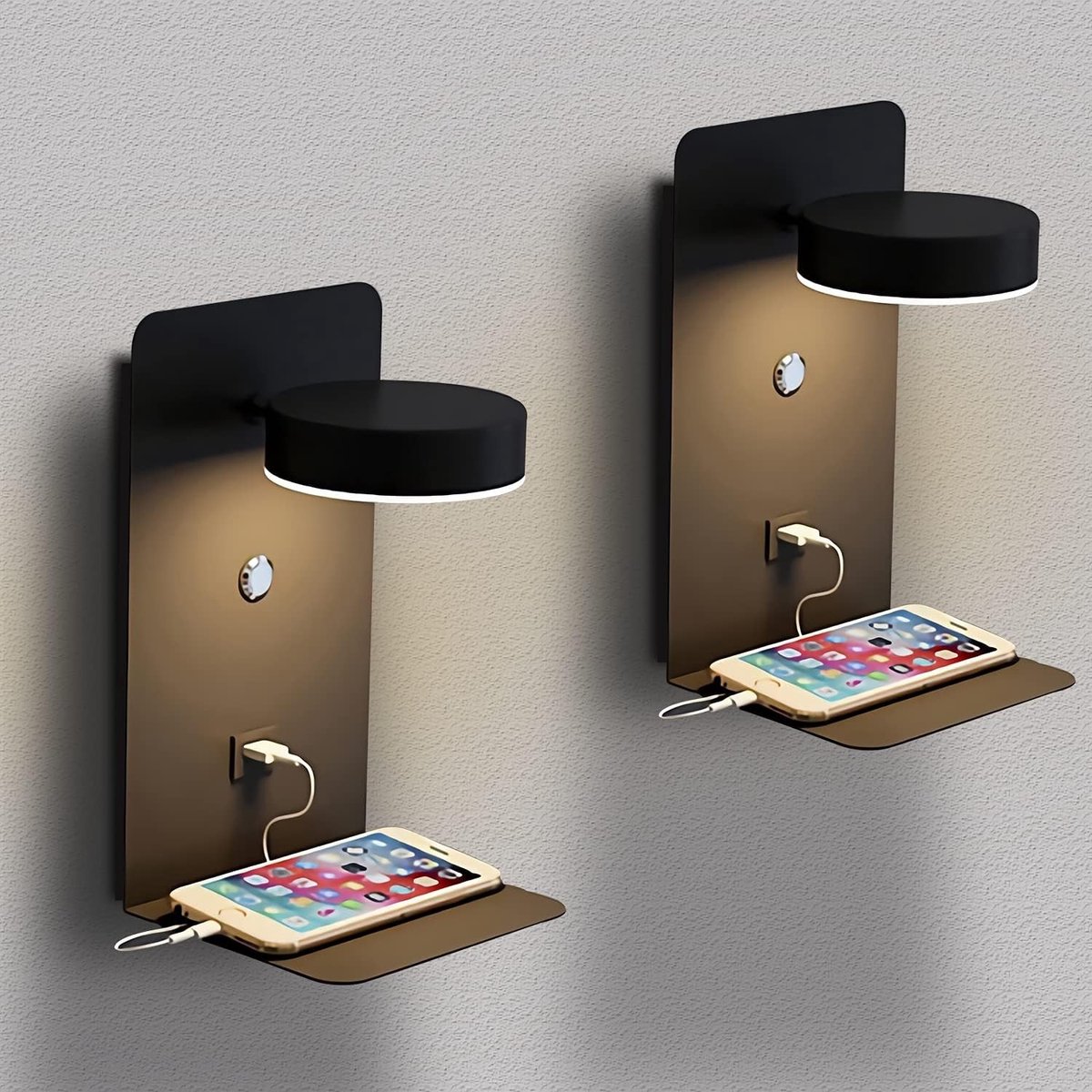 LED Wandlamp - Zwart - - Met USB Oplaadpoort en Touch Dimmer - Voor Slaapkamer en Leeshoek