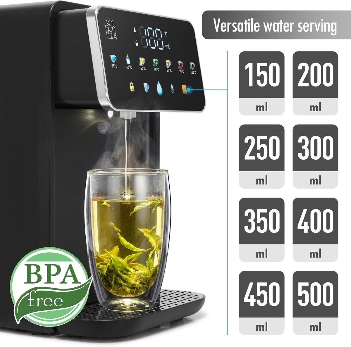 Warmwaterdispenser 3,2L – 2000W – 7 Temperaturen – 8 Waterhoeveelheden – Kinderbeveiliging – Zwart