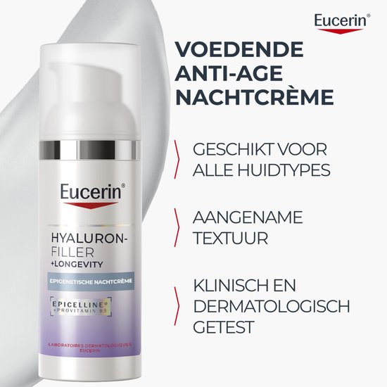 Flesje Eucerin Hyaluron-Filler + Longevity Epigenetische Nachtcrème en productinformatie.