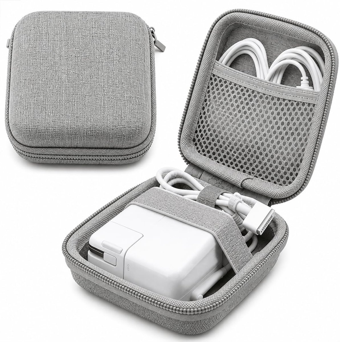 Ruimtebesparende kabeltas voor laptoplader en powerbank, ideale reisorganizer voor accessoires, harde schaal, grijs, 16 x 16 x 5 cm