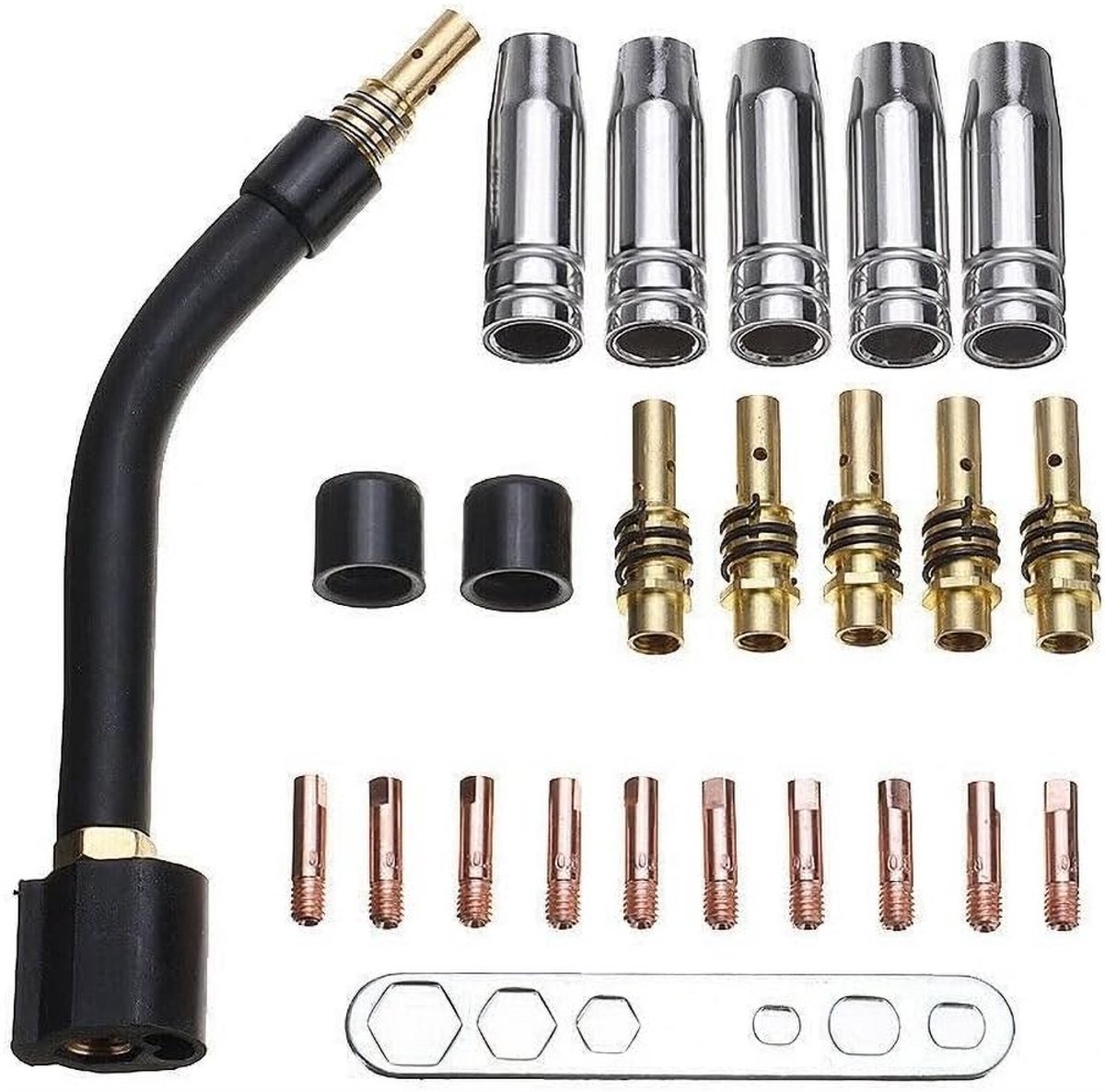 24-delige MB15/150 verbruiksonderdelenset - Schroefdraadaansluiting - 0,8 mm contacttip eindstuk pistoolhals - MIG/MAG lasaccessoires - Inclusief 1 bochtstuk