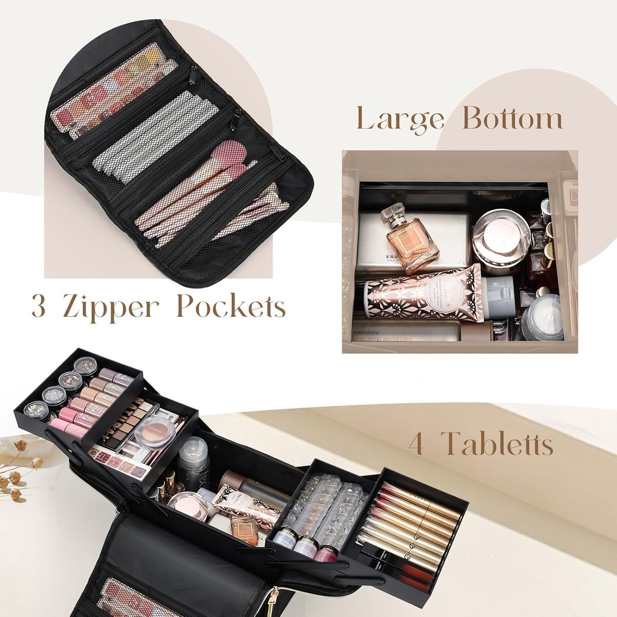Grote make-up tas - Zwart - 27,5 x 19,5 x 24,5 cm - Waterafstotende Cosmeticakoffer met Uittrekbare Vakken - Voor Dames