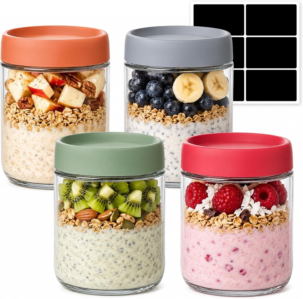 Glazen Potten voor Overnight Oats - Zwart - 500ml - Herbruikbare Luchtdichte Potten met Deksels - Voor Salades en Ontbijtgranen
