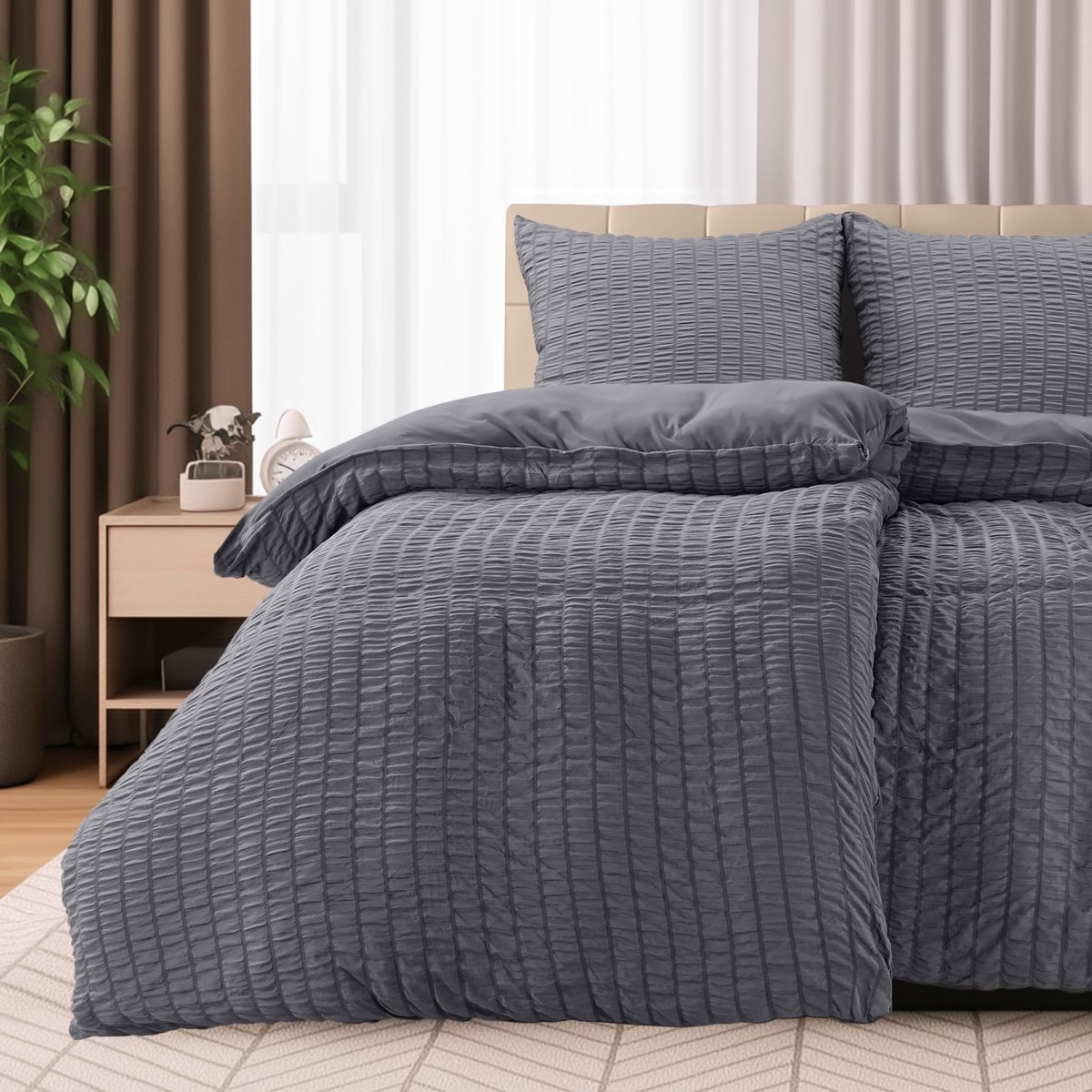 Famanu Utopia Seersucker Beddengoed 135 x 200 cm, 4-delig, microvezel polyester, 2 dekbedovertrekken 135 x 200 cm + 2 kussenslopen 80 x 80 cm, Grijs