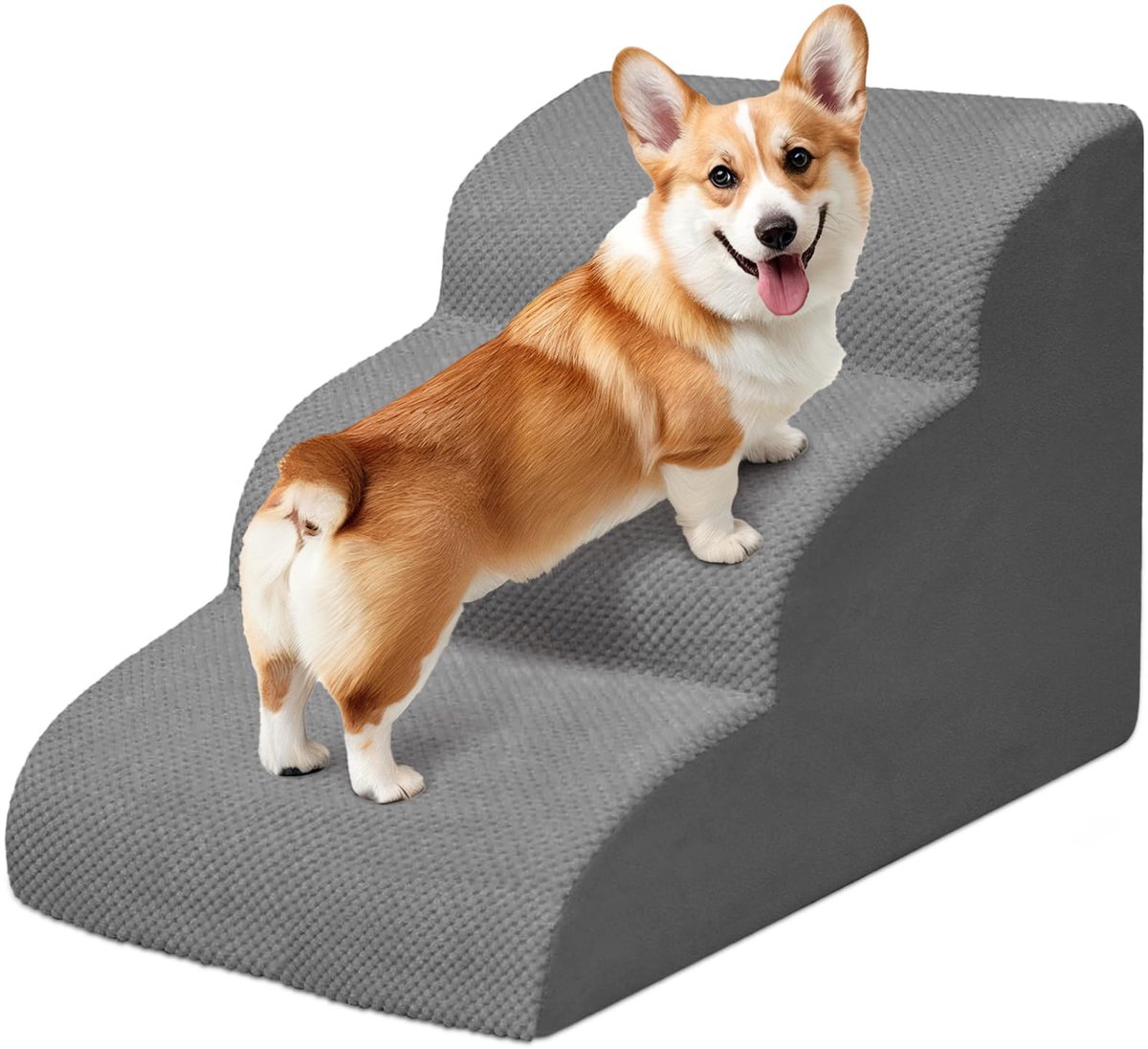 Famanu – Niubya Trapladdertje voor Kleine Honden en Katten, 3 Treden 40 cm, Schuim 30D, Antislip, Afneembare en Wasbare Hoes, voor Bank en Bed, Oudere Huisdieren of Beperkte Mobiliteit, Grijs