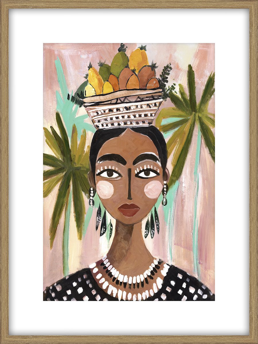 Schilderij met frame vrouw met fruitschaal