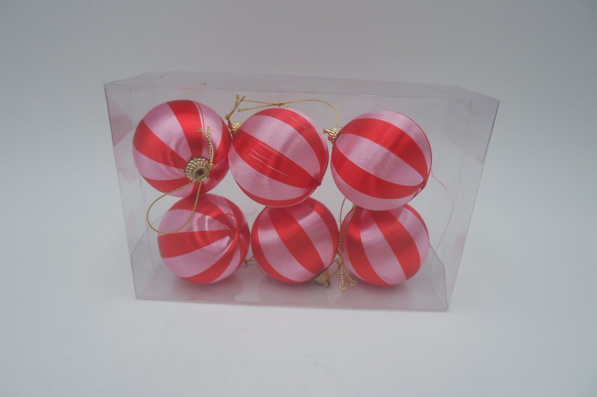 Kerstbal Set van 6 gestreept - Roze/rood