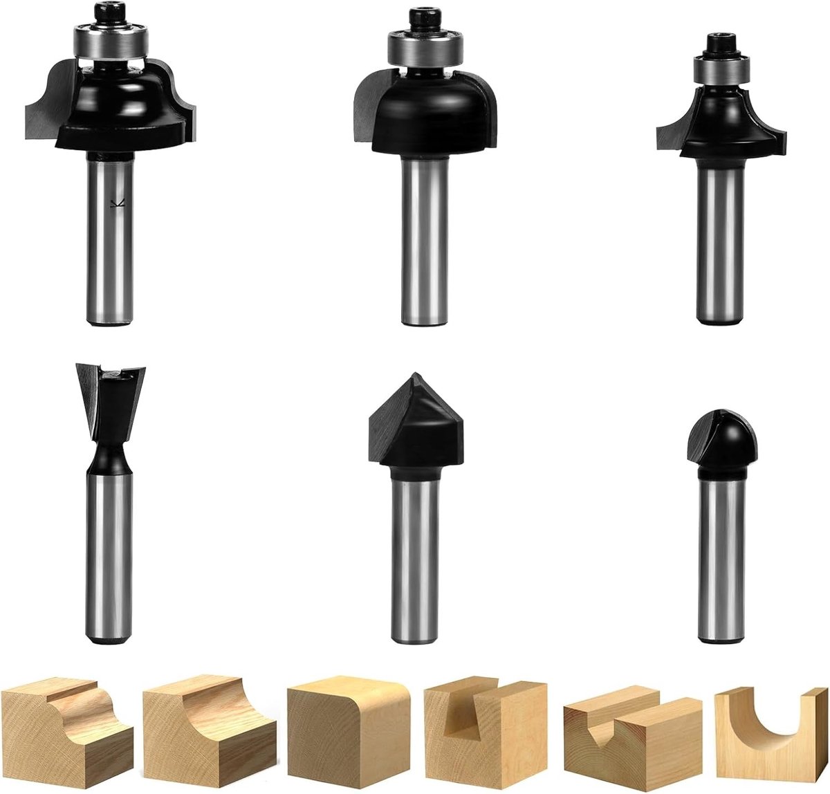 Set van 6 Ronde Freesjes met 8mm Schacht voor Houtbewerking, Vooraf Frezen, Sjablonen en Vlakke Randen, Ideaal voor Hoekfrezen en Vormgeven van Houten Randen