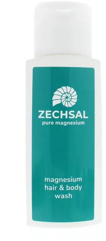 Zechsal Magnesium haar & body wash. Witte fles met groene label en witte dop. Label heeft een schelp-logo en tekst.