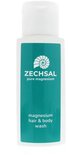 Zechsal Magnesium haar & body wash. Witte fles met groene label en witte dop. Label heeft een schelp-logo en tekst.