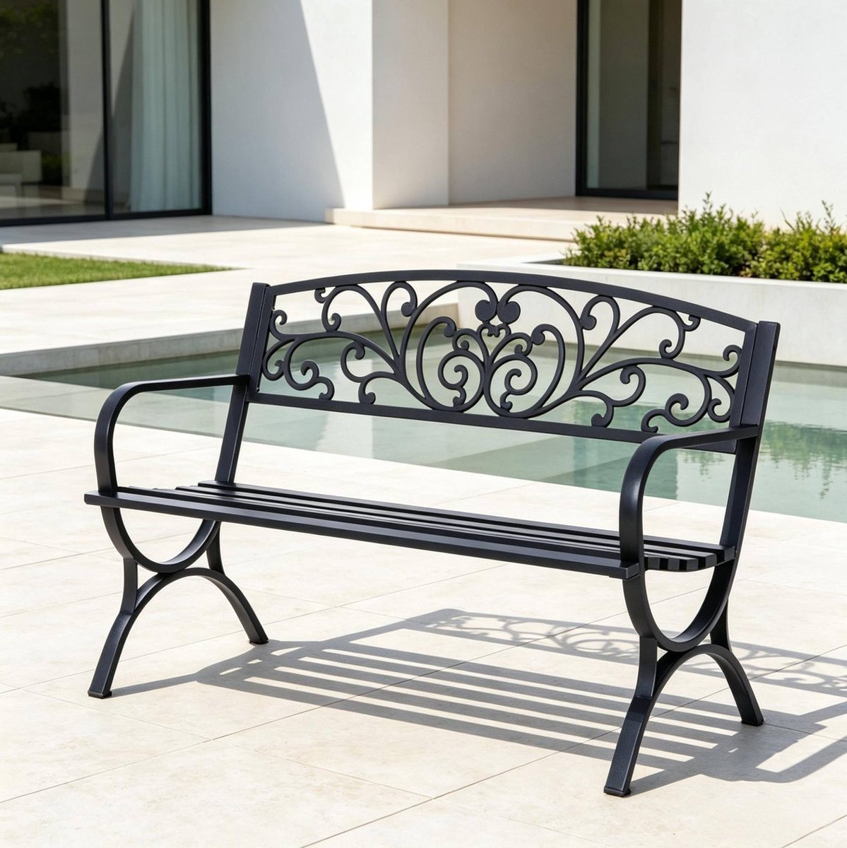 OKWISH Tuinbank 2-Zits - Met Ornamentale Rugleuning, Armleuningen & Stevige Metalen Constructie - Voor Tuin, Terras En Veranda - Staal - Zwart