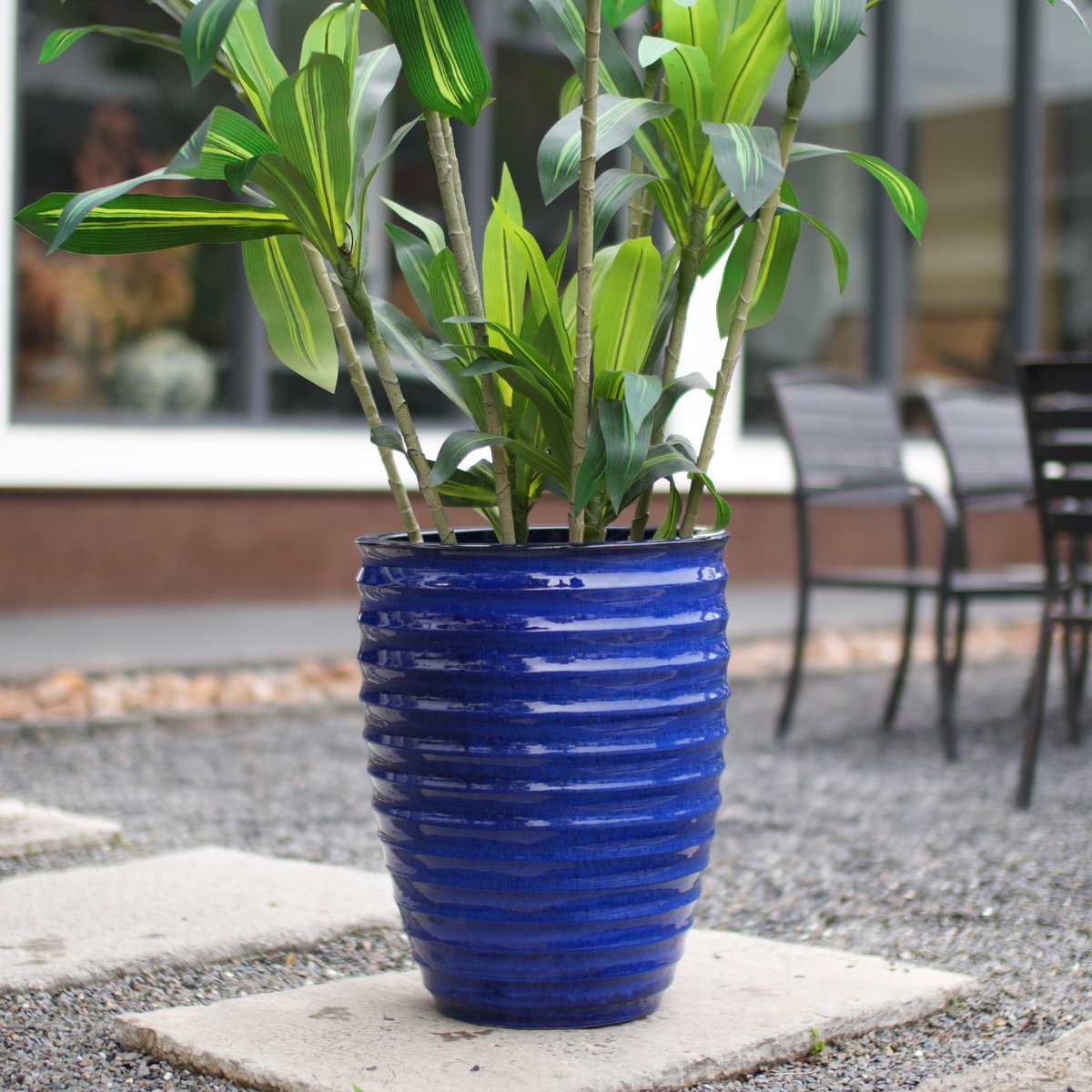 VVBV Bloempot 42x42x54 cm - Vorstbestendig, Ribbelstructuur, Hoogglans - Blauw, Keramiek