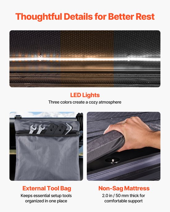 VEVOR Hard Shell Daktent voor 2-3 Personen, Aluminium Kampeertent met Driekleurige Led-Verlichting & 2 Ramen, Waterdicht & Winddicht, voor Jeep SUV Pick-Up 212 X 132 X 95 cm (Uitgeklapt) — afbeelding 3