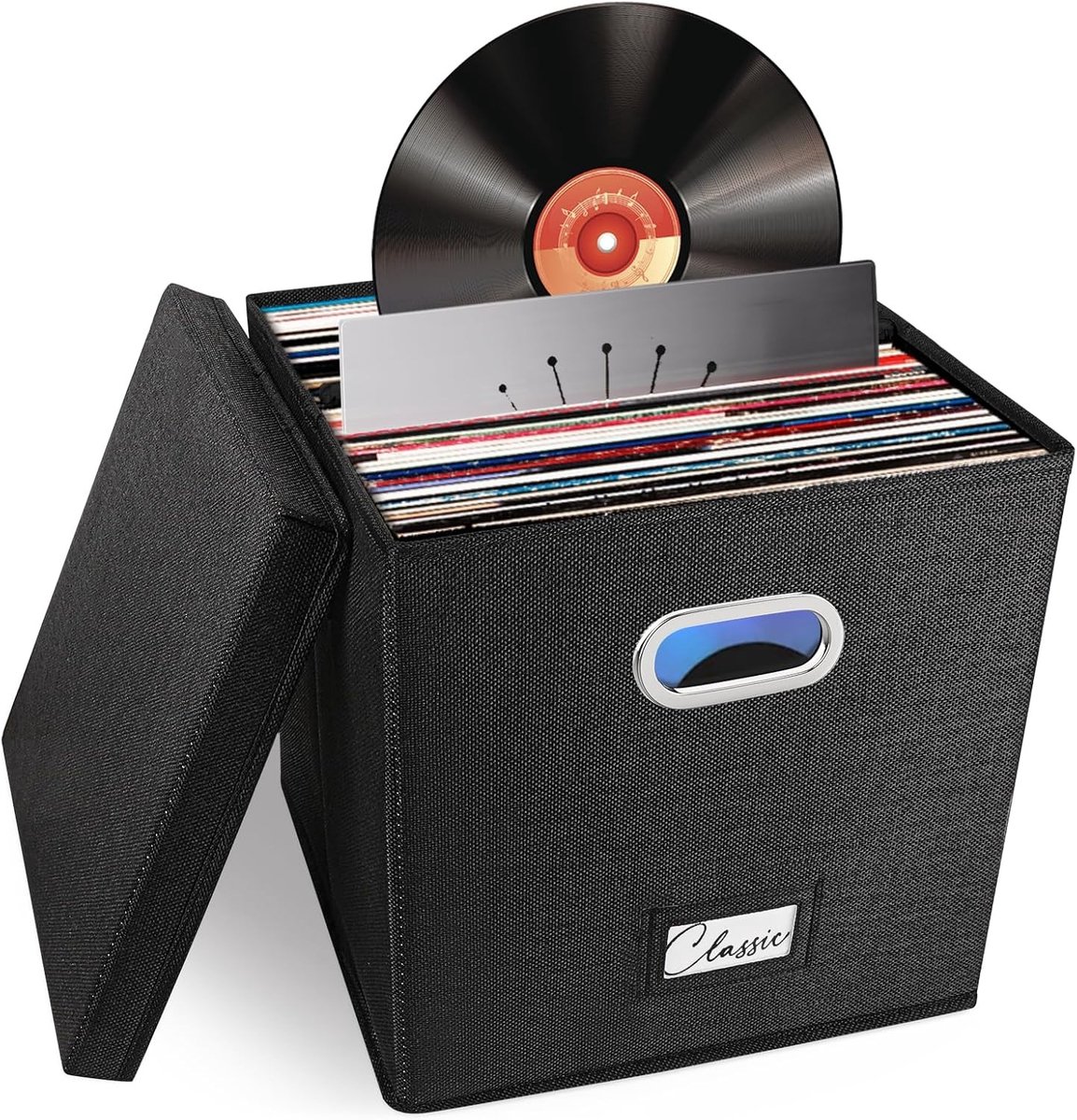Opbergdoos voor Vinylplaten - Grijs - 30,5 cm - Linnen met Deksel - Voor Muziekverzamelaars