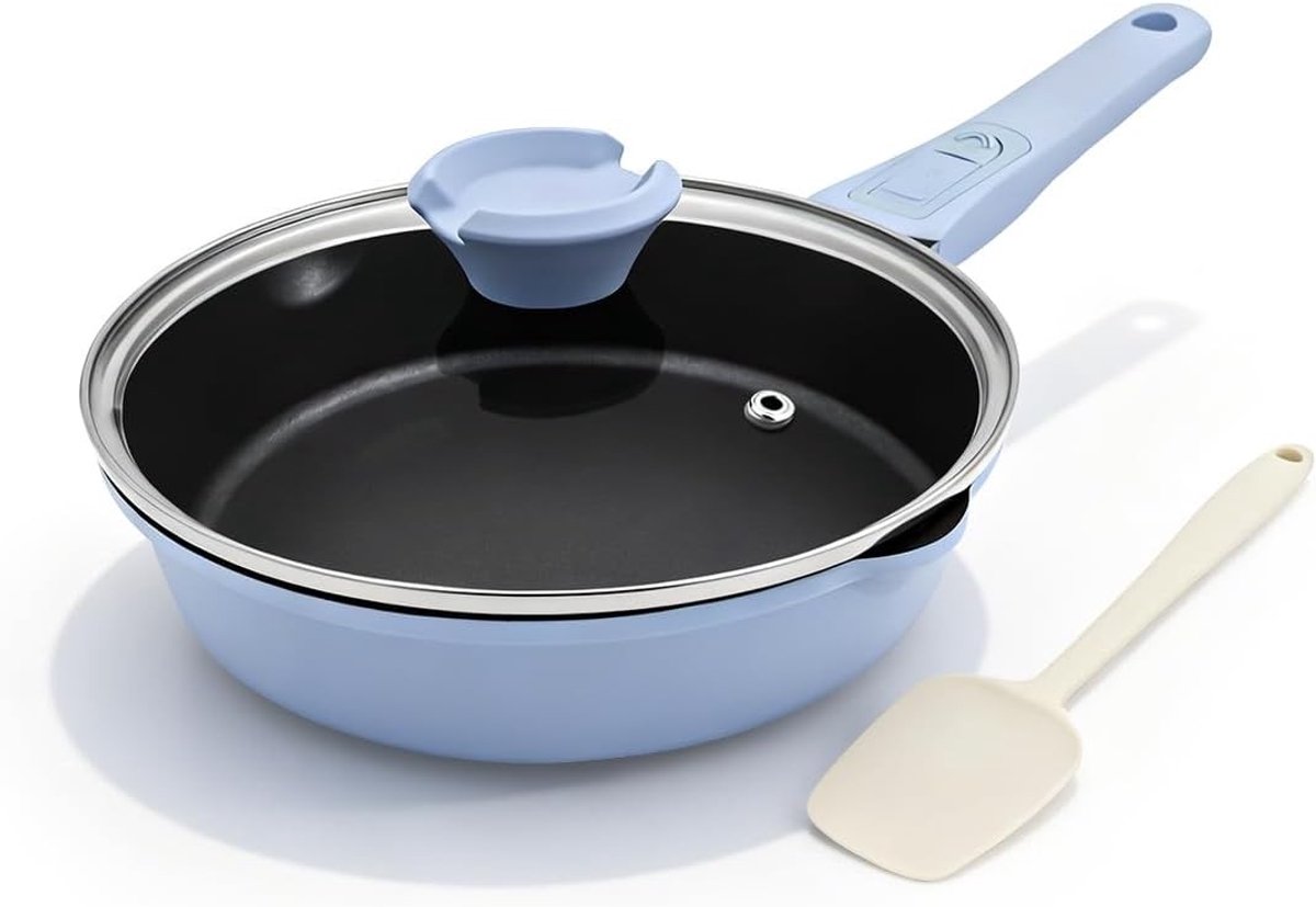 Antiaanbakbraadpan met Deksel - Blauw - 20 cm - Aluminium Antiaanbakkoekenpan met Verwijderbare Handgreep - Voor Alle Kookplaten