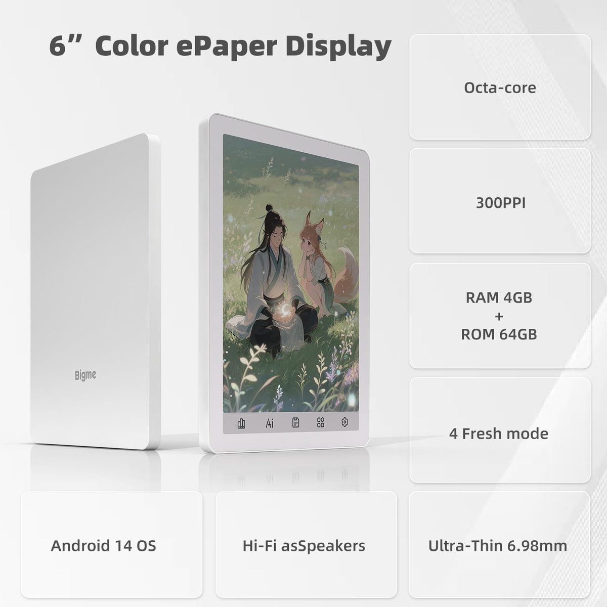 Bigme B6 Color Ebook Reader, 15,2 cm (6 inch), Eink Tablet, Android 14, 4 GB + 64 GB, ivoorwit - ShopVlot