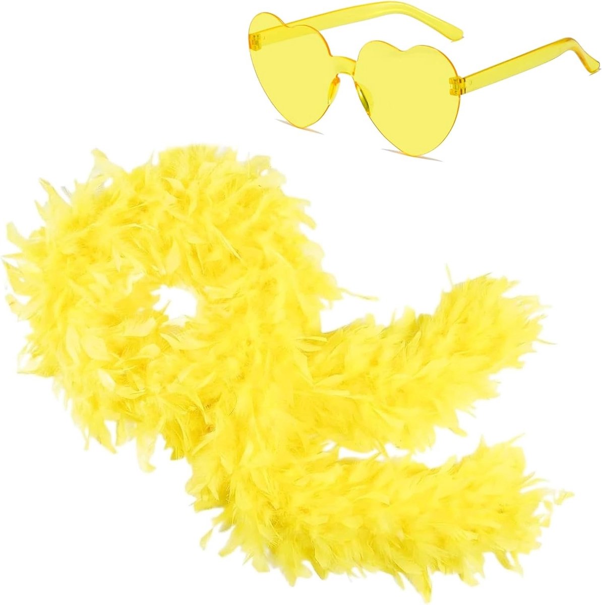 Kleurige veren boa met hartvormige zonnebril, Geel, One size, Feestaccessoire, Carnaval, Kostuumaccessoire