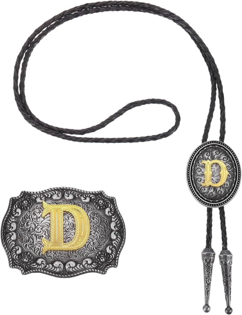Western Cowboy Bolo Tie en Gouden Buckle Set met Initiële D van Koeienleer voor Kostuums en Vintage Accessoires in Grijs en Zwart/Goud