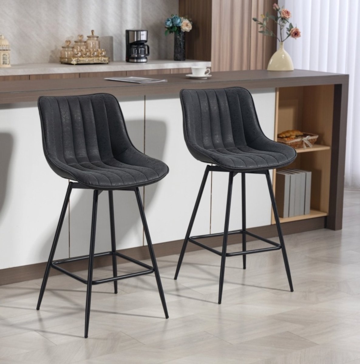 STILVORA Barkruk Set Van 2 Draaibaar Met Rugleuning En Zitkussen Voor Keuken Eetkamer En Kookeiland Kunstleer Zwart 68 Cm