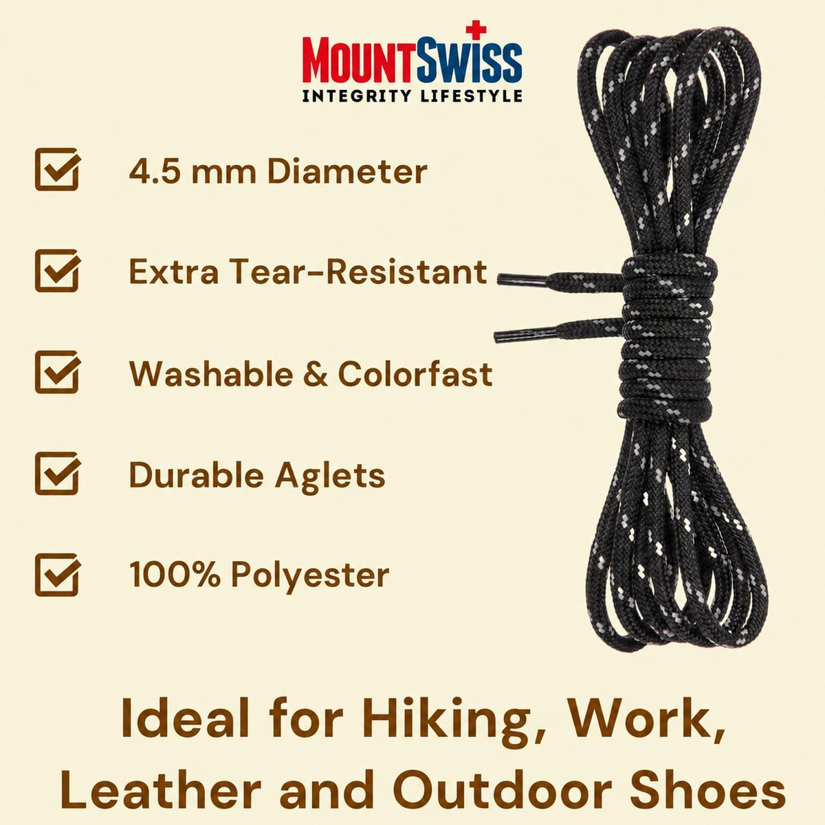 Mount Swiss ronde veters ø 4,5 mm – duurzame polyester schoenveters voor werkschoenen, wandelschoenen, bergschoenen en - ShopVlot