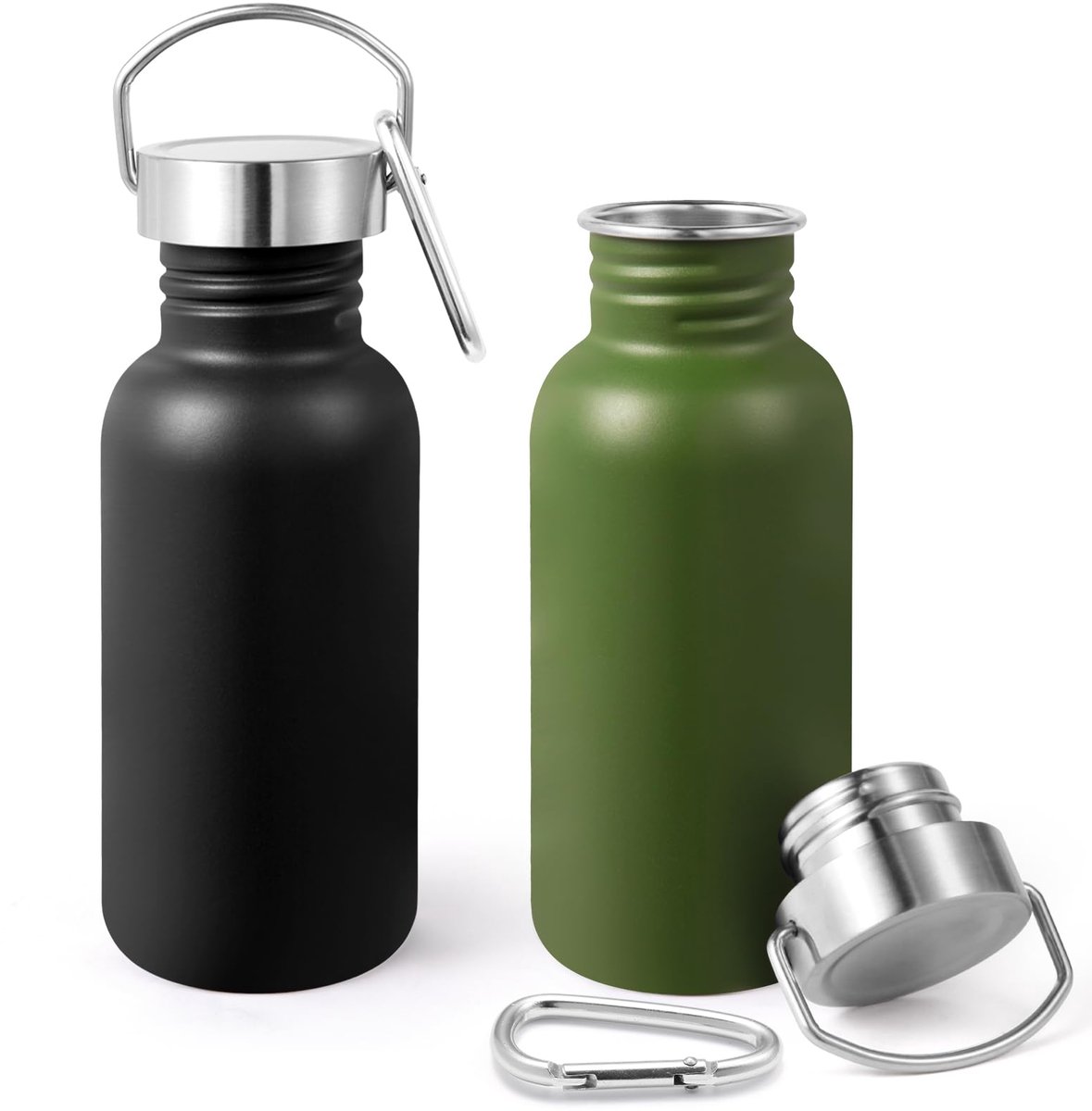 Famanu – Ongeïsoleerde enkelwandige waterflessen set van 2 stuks van 473 ml (16 oz), roestvrijstalen sportwaterfles met handvat, BPA-vrij 18/8 304, herbruikbaar voor kamperen, wandelen en fietsen