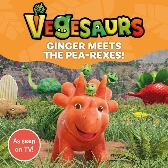 Vegesaurs : Ginger rencontre les Pea-Rexes ! avec un dinosaure orange aux cornes de carotte et de petites créatures vertes.