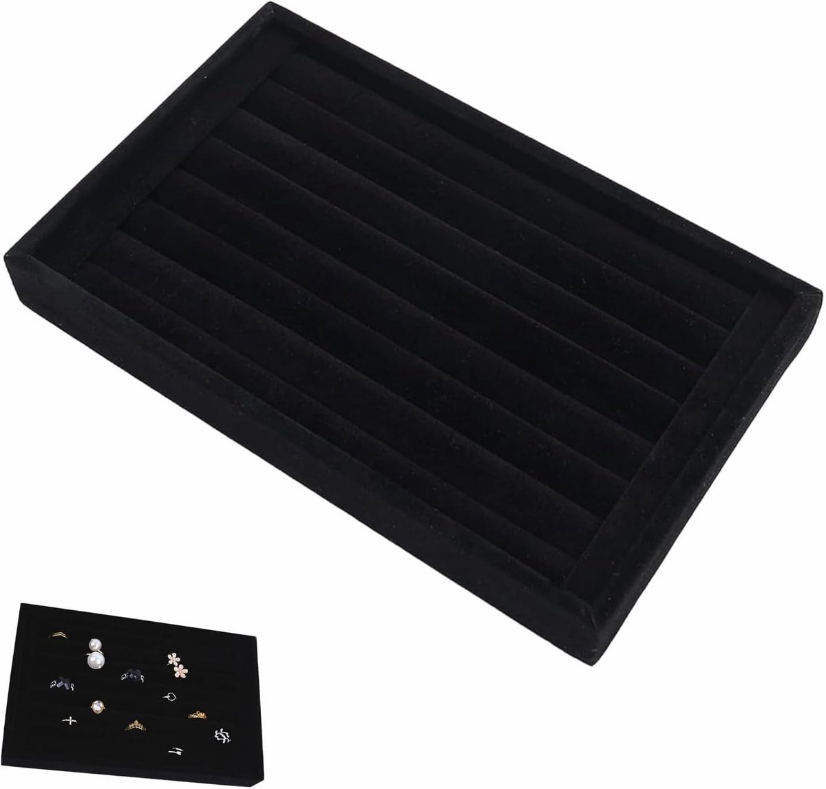 Fluwelen Ringhouder - Zwart - 23 x 14 x 3,2 cm - Houten en Flanellen Presentatiedienblad - Voor Sieraden