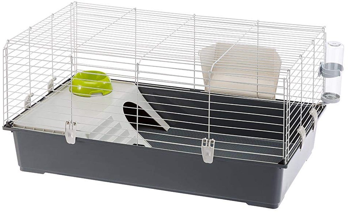 Famanu – Knaagdierkooi voor konijnen en cavia’s, van metaal met accessoires, voerbak, drinkfles, huis en kom inbegrepen, 95 x 57 x 46 cm